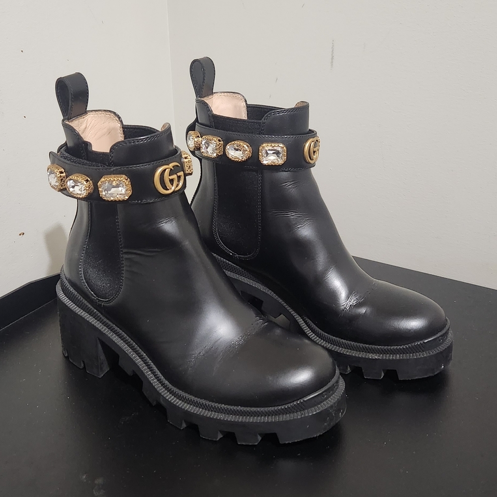 Gucci crystal belt platform chunky black boots size 35.5